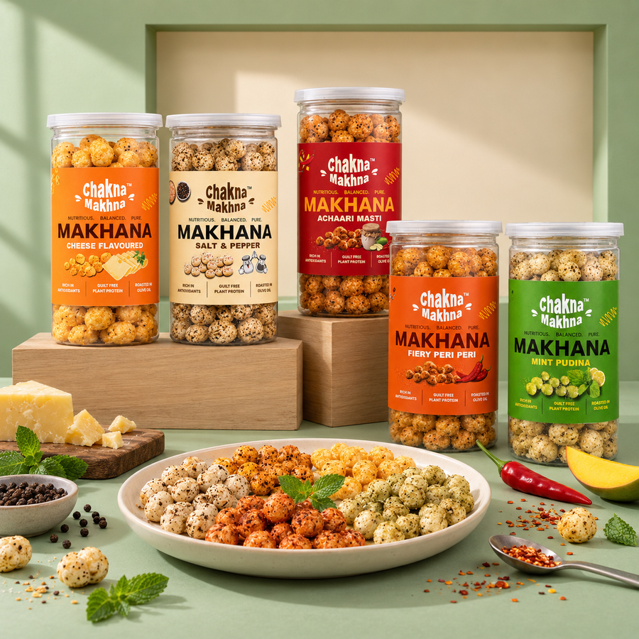 CHAKNA MAKHNA- Combo of 5 - Fiery Peri-Peri, Cheese,Achari Masti, Mint Pudina and Salt & Pepper - 400g