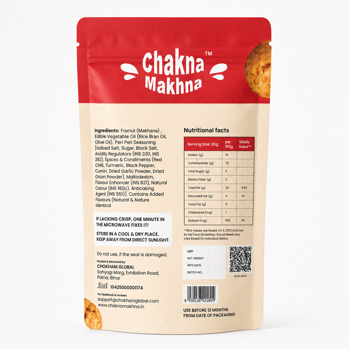 CHAKNA MAKHNA Fiery Peri Peri Makhana - 55gs - Stand Up Pack