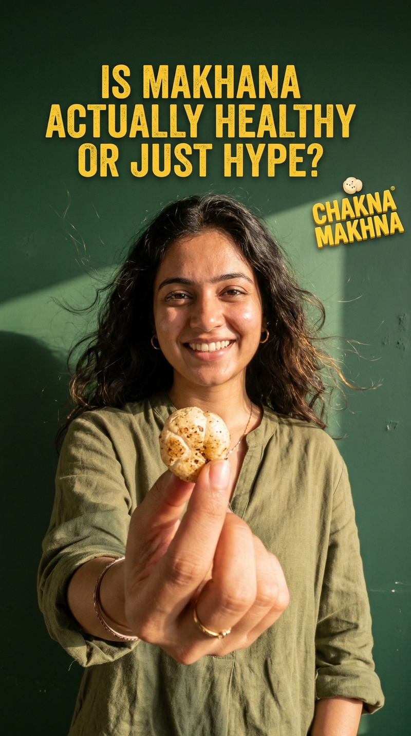 Woman holding a makhana (fox nut) against a green background with text questioning its healthiness.