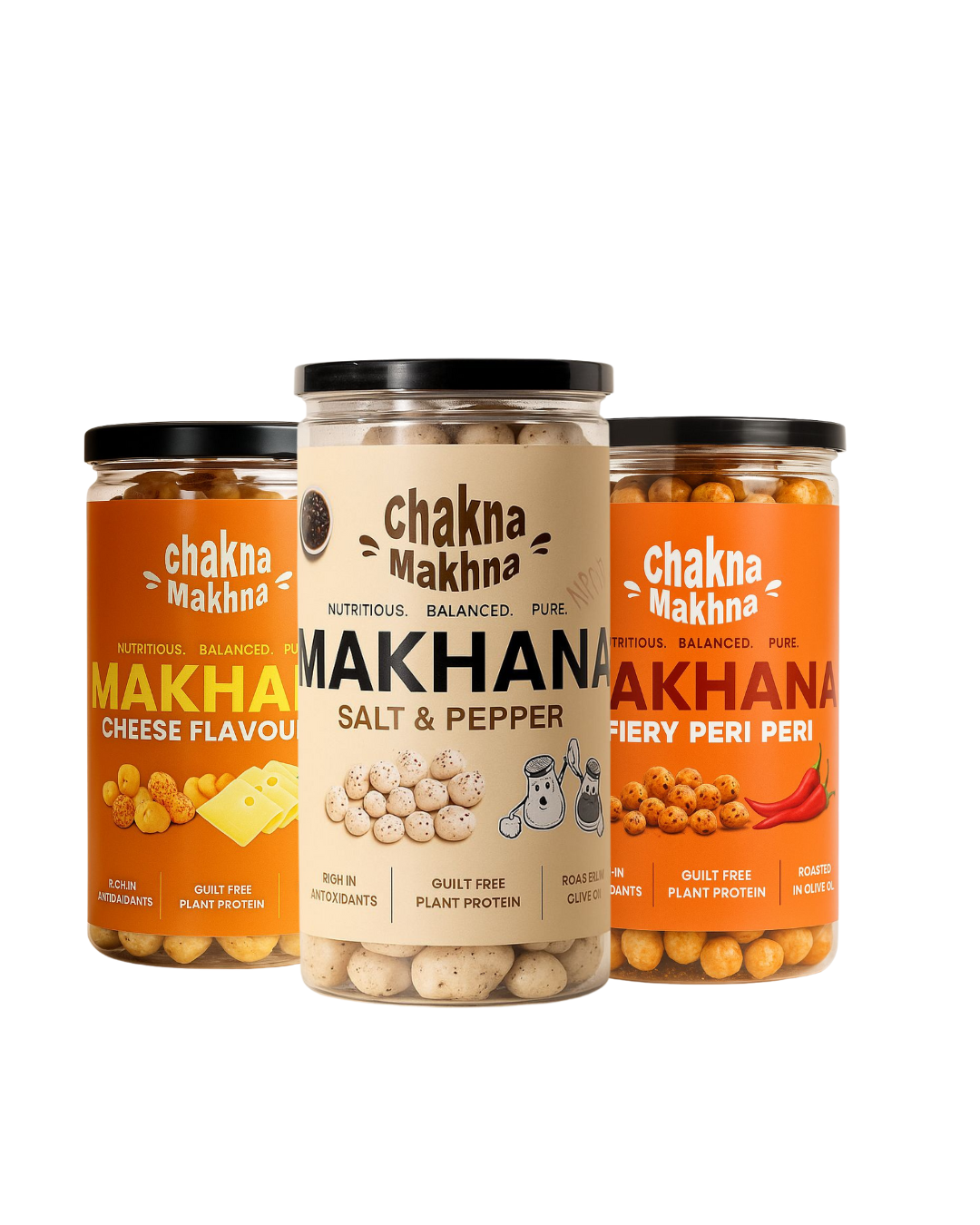 CHAKNA MAKHNA - Combo of 3 - Cheese, Salt & Pepper and Fiery Peri Peri Makhana - 240g