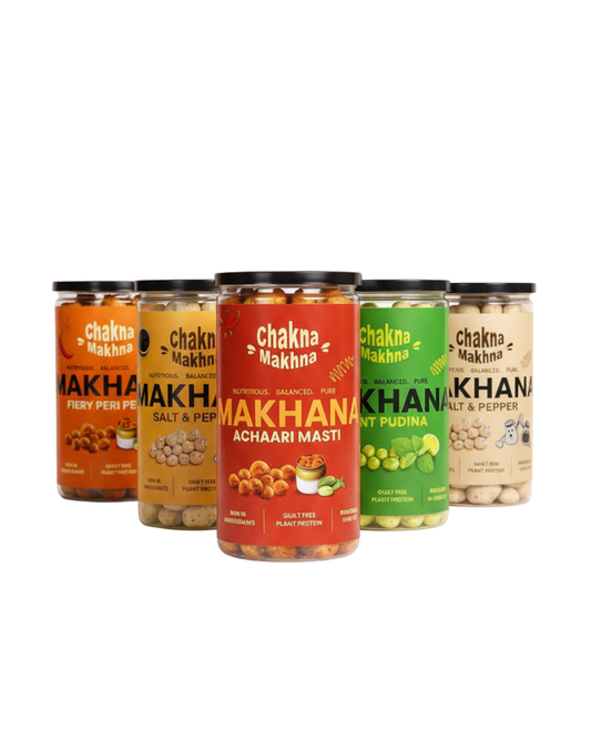 CHAKNA MAKHNA- Combo of 5 - Fiery Peri-Peri, Cheese,Achari Masti, Mint Pudina and Salt & Pepper - 400g