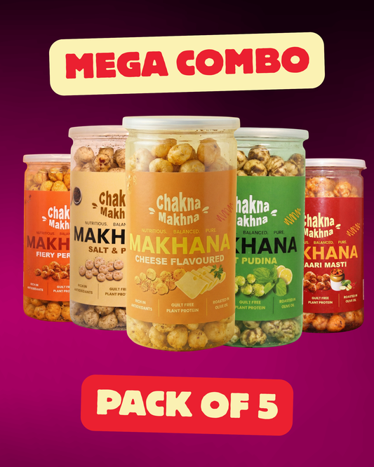 CHAKNA MAKHNA- Combo of 5 - Fiery Peri-Peri, Cheese,Achari Masti, Mint Pudina and Salt & Pepper - 400g
