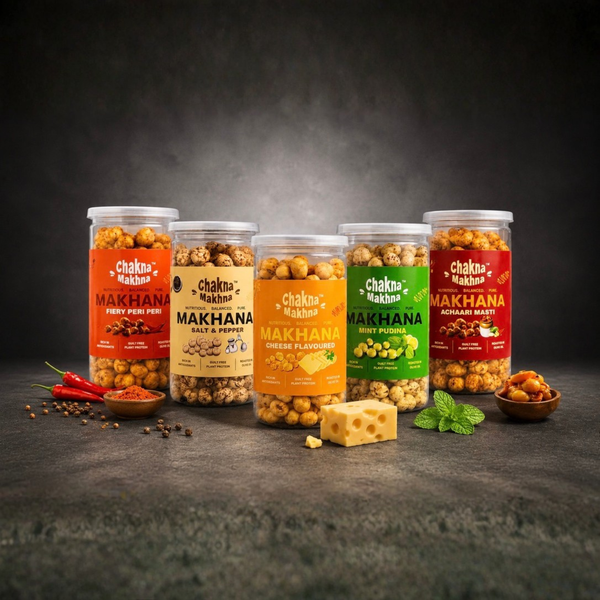 CHAKNA MAKHNA- Combo of 5 - Fiery Peri-Peri, Cheese,Achari Masti, Mint Pudina and Salt & Pepper - 400g