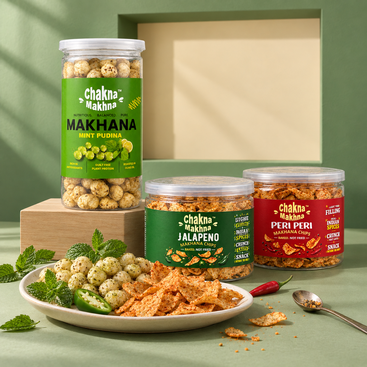 Chakna Makhna Combo — Jalapeño Chips + Mint Pudina Makhana + Peri Peri Chips | Puffs & Chips Trio