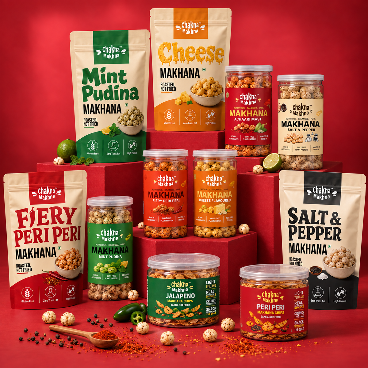 Chakna Makhna Ultimate Combo | 5 Makhana Jars + 4 Stand-Up Pouches + 2 Makhana Chips Jars