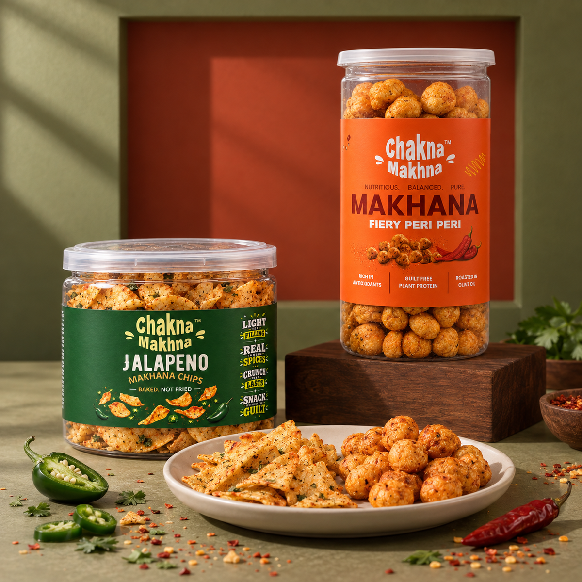 Three jars of Chakna Makna spicy makhana snacks in different flavors (Jalapeno, Fiery Peri Peri, and regular) are displayed alongside a white plate of the snack, sliced jalapeños, and red chilies on a styled green background.