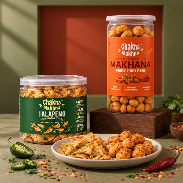 Three jars of Chakna Makna spicy makhana snacks in different flavors (Jalapeno, Fiery Peri Peri, and regular) are displayed alongside a white plate of the snack, sliced jalapeños, and red chilies on a styled green background.