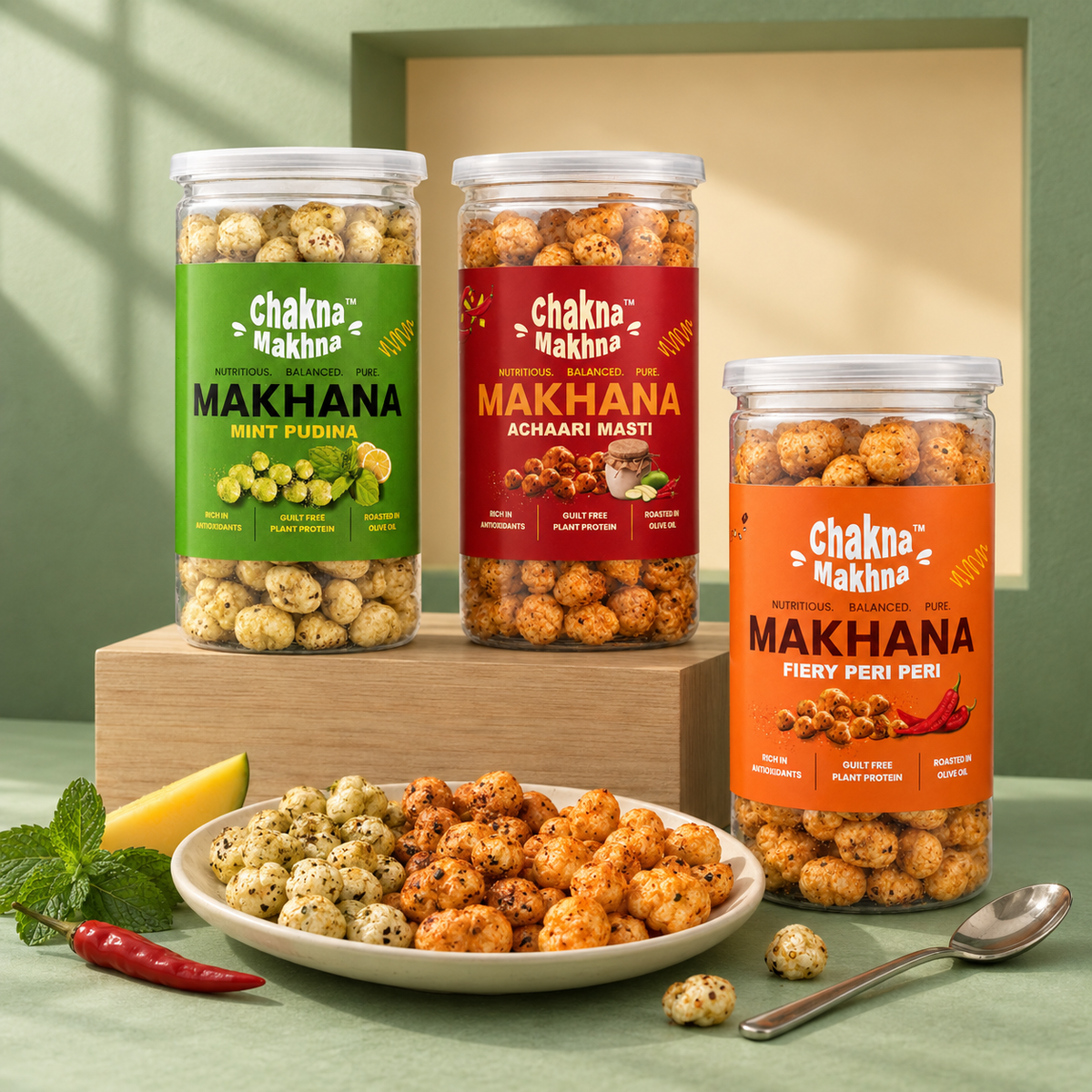CHAKNA MAKHNA - Combo of 3 - Fiery Peri-Peri, Mint Pudina and Achaari Masti Makhana  - 240g