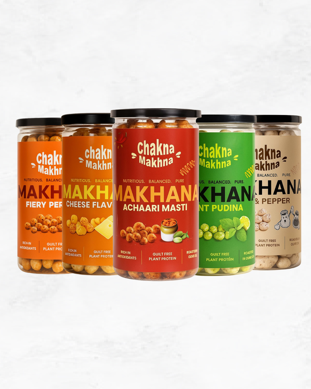 CHAKNA MAKHNA- Combo of 5 - Fiery Peri-Peri, Cheese,Achari Masti, Mint Pudina and Salt & Pepper - 400g